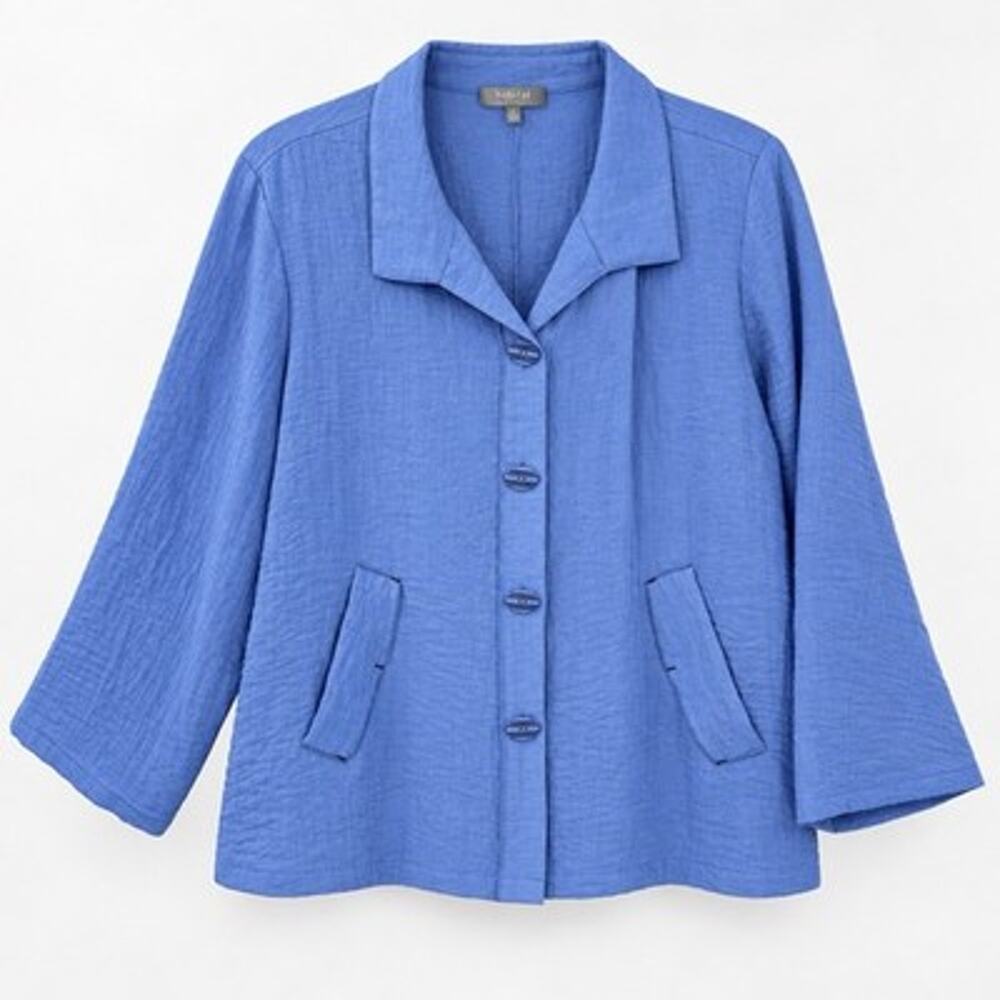Habitat Clothes Button Up Jacket XL Crinkle Knit Light Blue 3/4 Sleeve Lagenlook